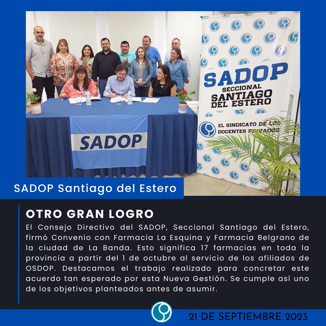 En este momento estás viendo Convenio: SADOP/OSDOP suman un nuevo beneficio para sus afiliados en Santiago del Estero.